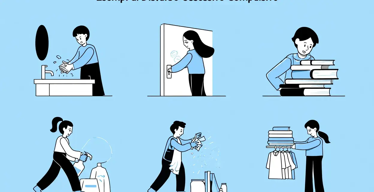 Illustrazioni mostrano come comportarsi con un ossessivo compulsivo: lavarsi le mani, toccare maniglie, impilare libri, pulire oggetti, piegare vestiti.