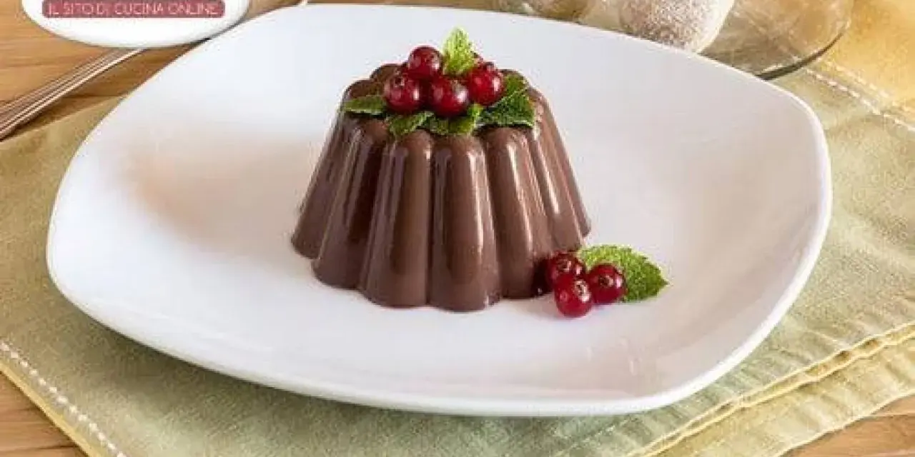 Budino al cioccolato decorato con ribes rossi e menta, servito su un piatto bianco.
