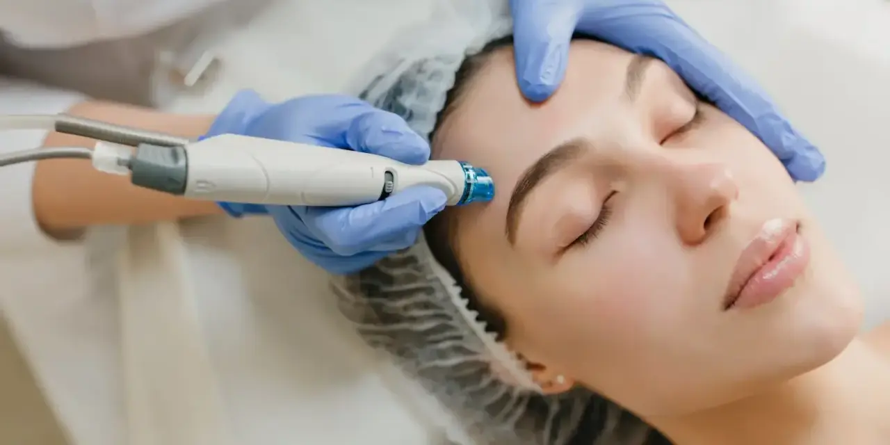 Aesthetician performs a facial treatment, likely part of the microdermabrasion healing process, on a woman's forehead.