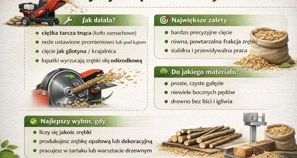 Budowa i działanie rębaka tarczowego: tarcza tnąca, noże, łopatki wyrzucające zrębki. Idealny do gałęzi, zapewnia precyzyjne cięcie.
