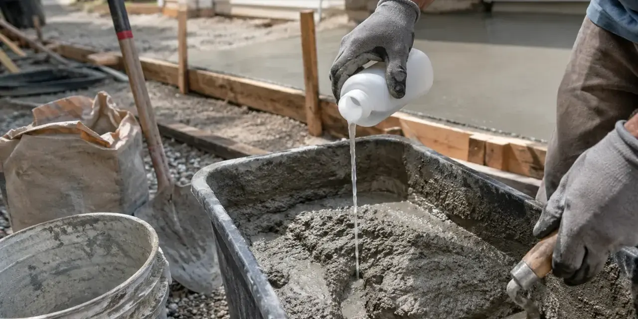 Rękawiczki i łopatka mieszają szybki beton w wózku. Obok leży worek z cementem i wiadro.