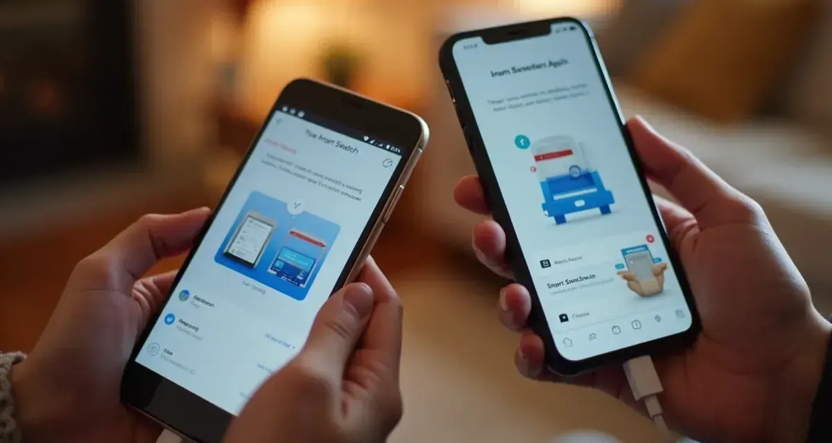 Dwie osoby trzymają telefony połączone kablem. Na ekranach widnieje instrukcja, jak przenieść dane z telefonu na telefon za pomocą aplikacji Smart Switch.
