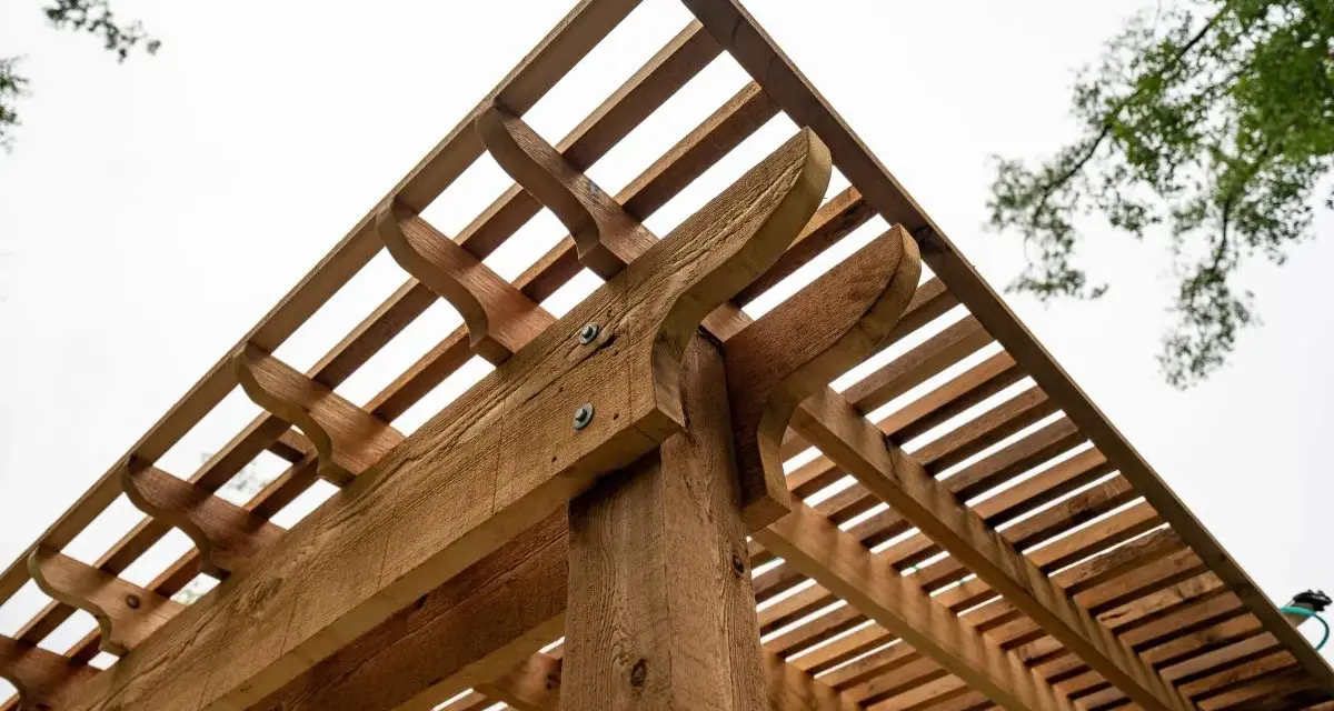 Drewniana pergola z ozdobnymi wspornikami. Dowiedz się, jak wysuszyć mokre drewno konstrukcyjne, aby służyło latami.