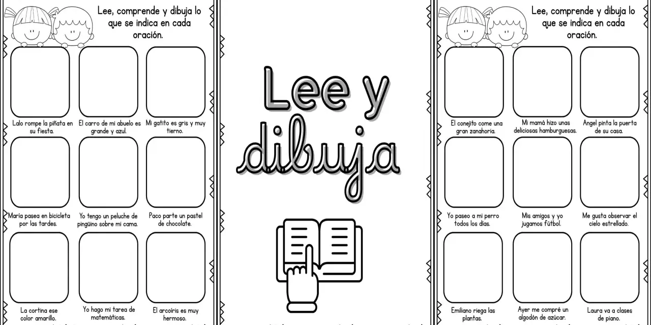 Hoja de actividades para leer y dibujar. Cada sección presenta una frase para que el niño la comprenda y dibuje su representación.
