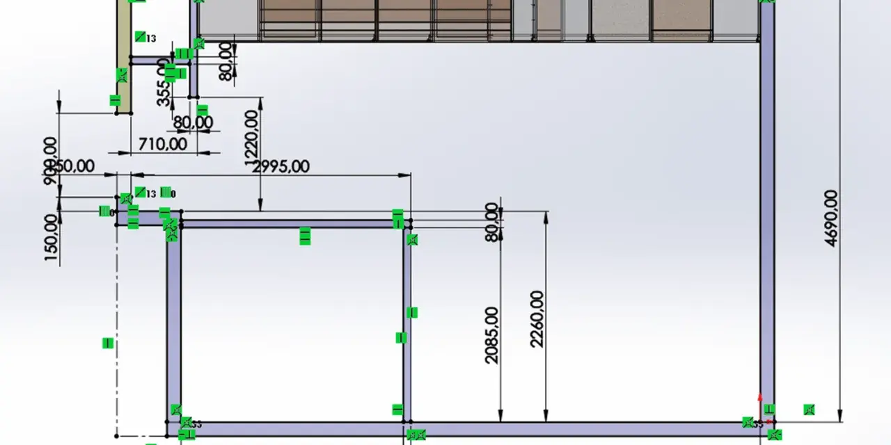 Projekt kuchni z wymiarami szafek. Widoczne linie pomocnicze i oznaczenia wymiarów w milimetrach, np. 4690,00 mm.