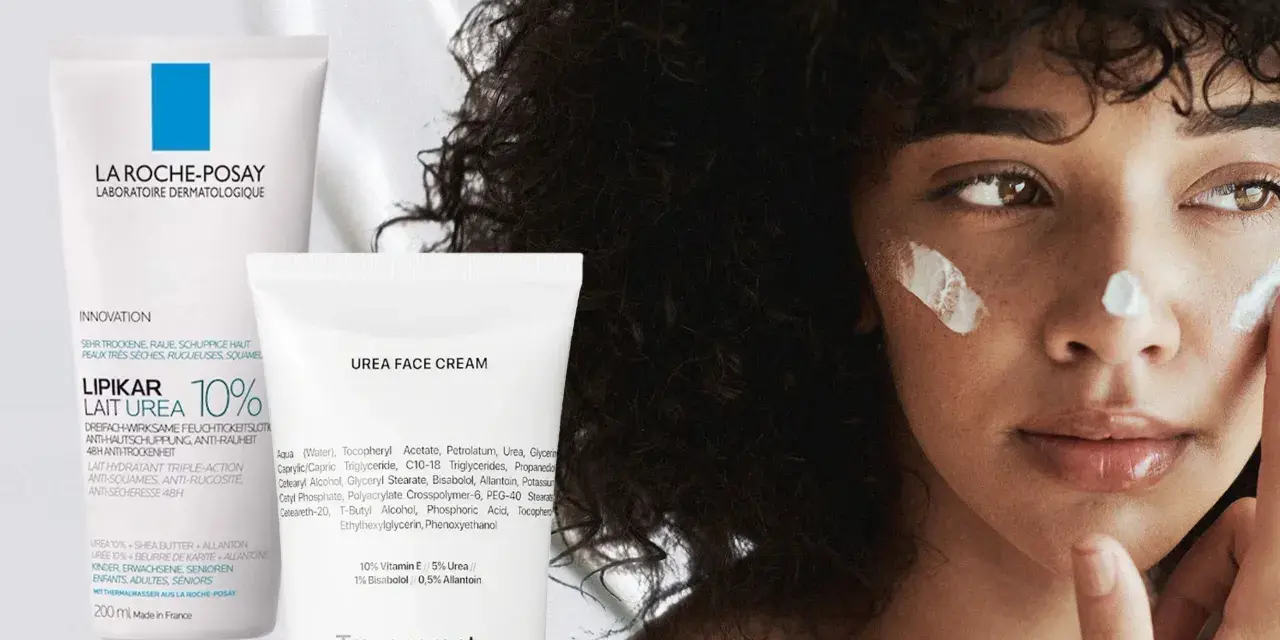 Eine Frau mit lockigem Haar trägt Gesichtscreme auf. Links sind zwei Tuben zu sehen, eine mit "Urea 10%" und eine mit "Urea Face Cream".