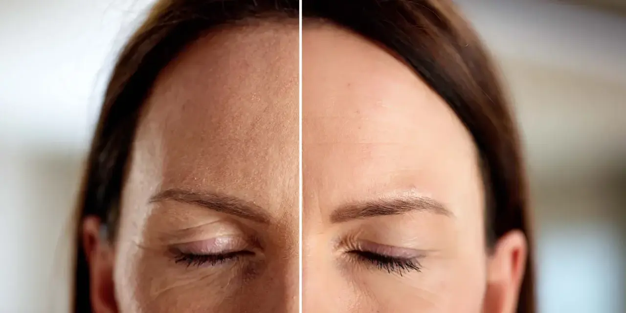 Comparación de la piel: antes y después, mostrando la reducción de arrugas de expresión alrededor de los ojos y en la frente.
