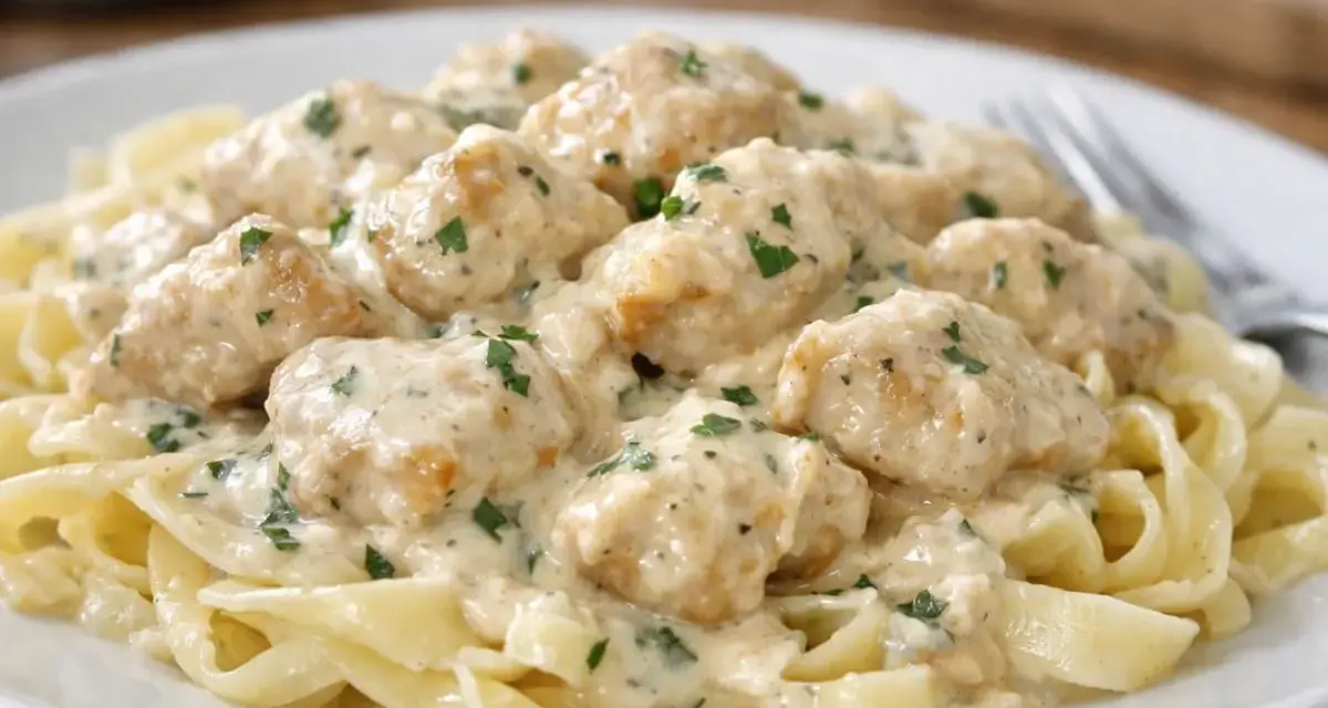 Pyszny keto kurczak w sosie śmietanowym na tagliatelle, posypany natką pietruszki. Idealny na lekki obiad.