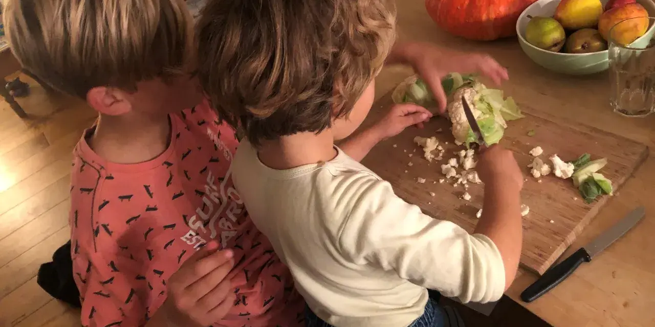 Zwei Kinder helfen im Haushalt und schneiden Blumenkohl. Ein Kürbis und Obst liegen daneben.