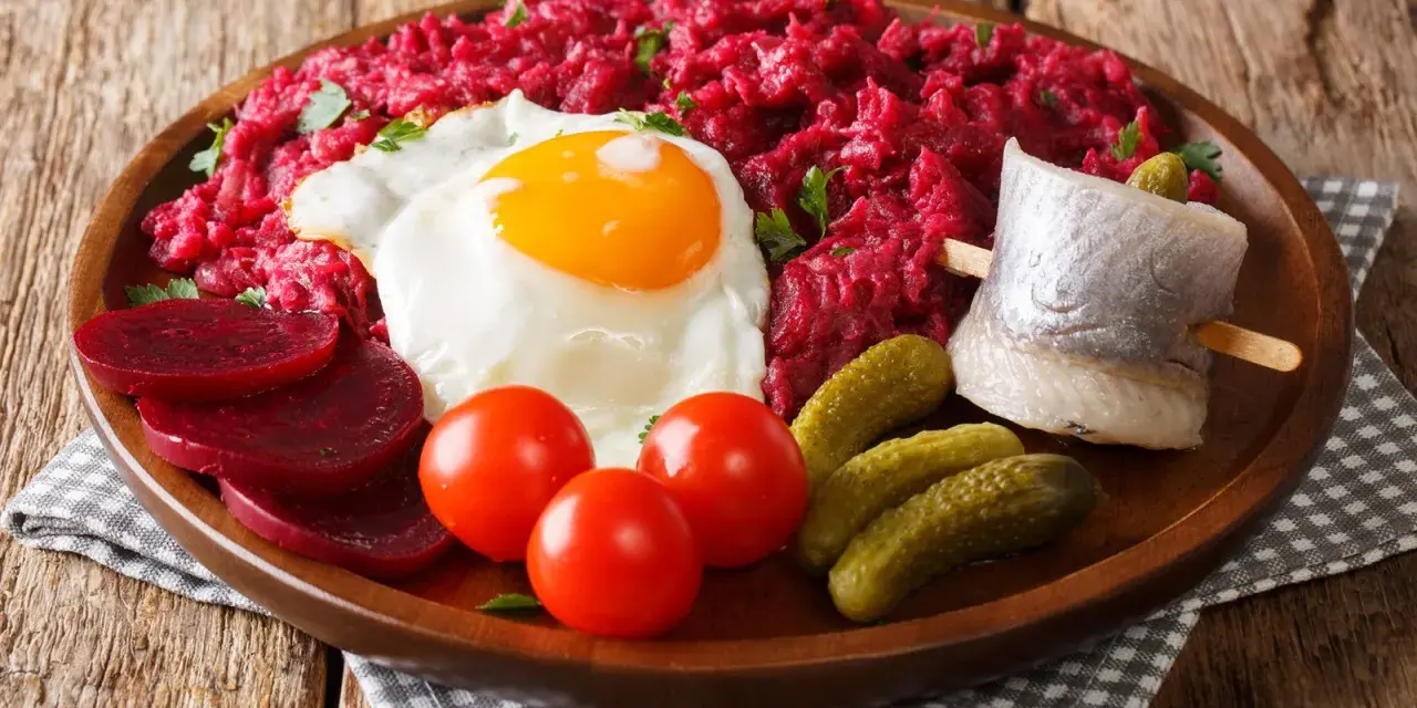 Herzhaftes Labskaus essen: Rote Bete, Spiegelei, Matjes, Cornichons und Tomaten auf einem Holzteller.