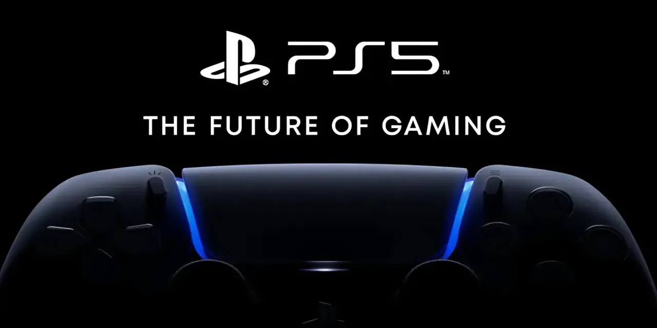 El mando DualSense de PS5, iluminado con un brillo azul, anuncia el futuro de los videojuegos en un PlayStation Showcase.
