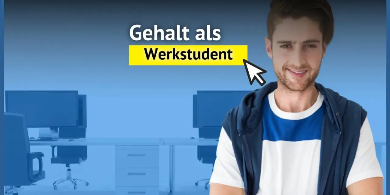 Ein junger Mann lächelt, während ein Mauszeiger auf "Gehalt als Werkstudent" zeigt. Im Hintergrund ein Büro.