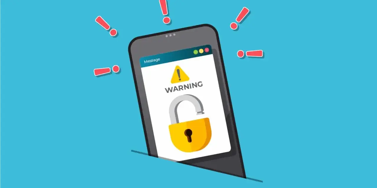 Teléfono con advertencia de seguridad y candado abierto. ¡Alerta! ¿Cómo encontrar un móvil perdido?