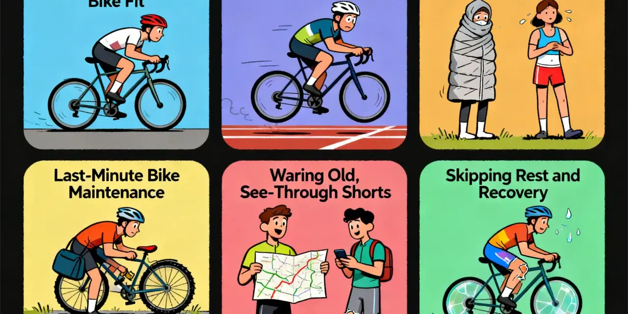 Six panels illustrate common cycling mistakes: ignoring bike fit, starting too fast, improper dressing, last-minute maintenance, wearing worn shorts, and skipping rest and recovery.