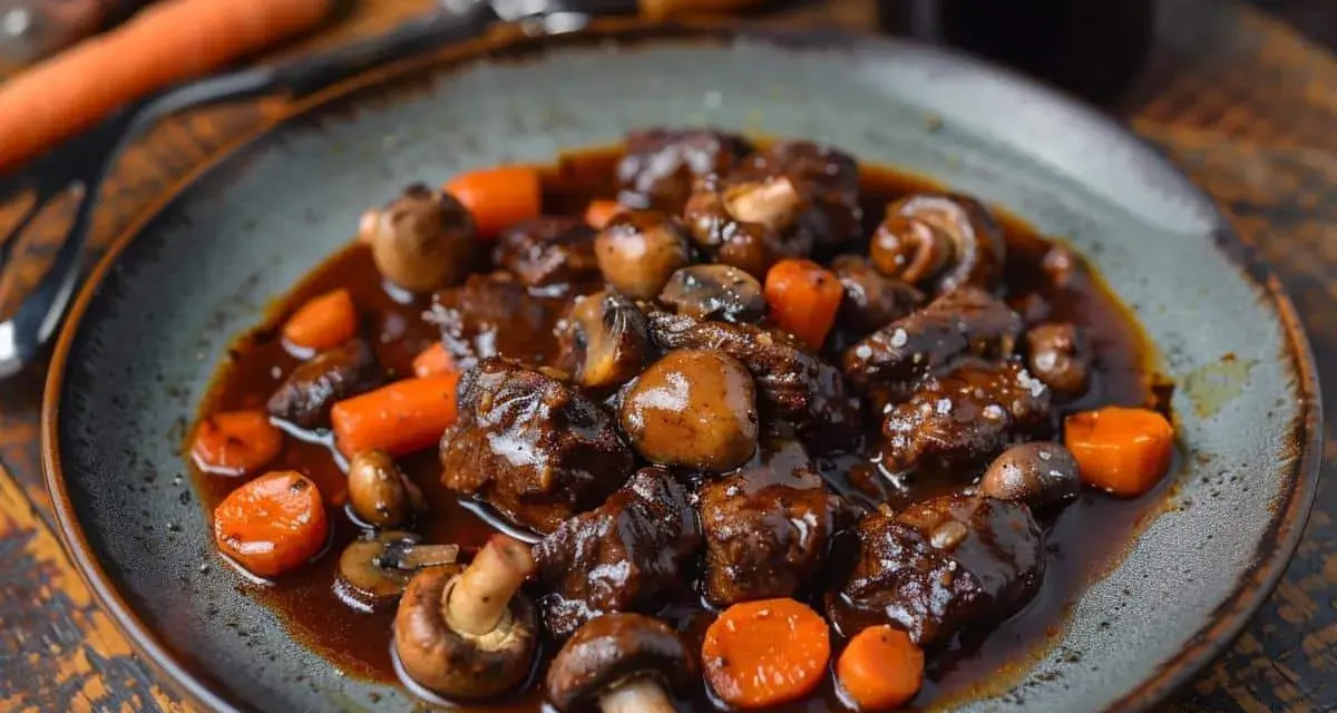 Un plat de boeuf bourguignon cookeo, avec des morceaux de viande tendres, des champignons et des carottes, nappés d'une sauce riche.