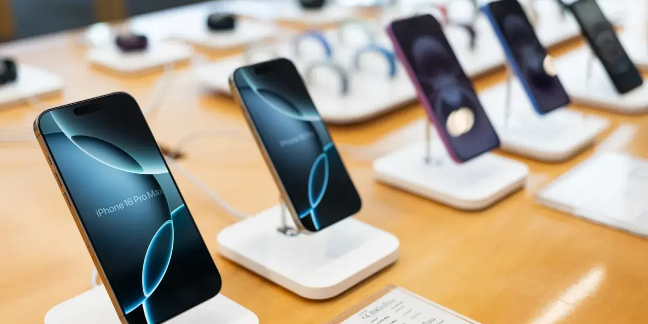 Flera iPhones visas upp på en disk, redo för den som vill byta iPhone. En iPhone 16 Pro Max syns tydligt.