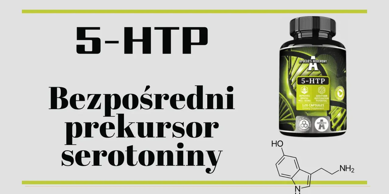 5-HTP, bezpośredni prekursor serotoniny, w kapsułkach. Obok wzór chemiczny.