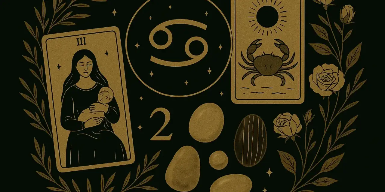 Symbol zodiaku Rak w okręgu, obok karty z krabem i matką z dzieckiem. Jak wygląda znak zodiaku Rak.