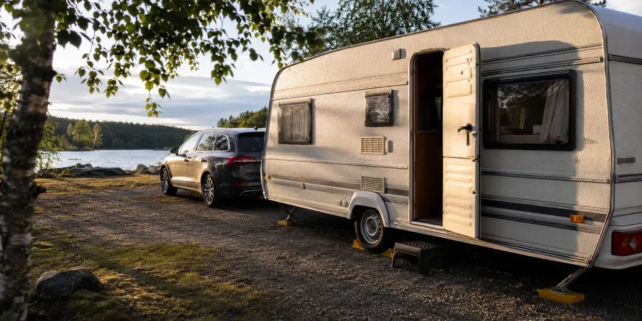 En husvagn och bil parkerad vid en sjö, redo för en husvagnssemester i Sverige. Solen lyser på den öppna dörren.