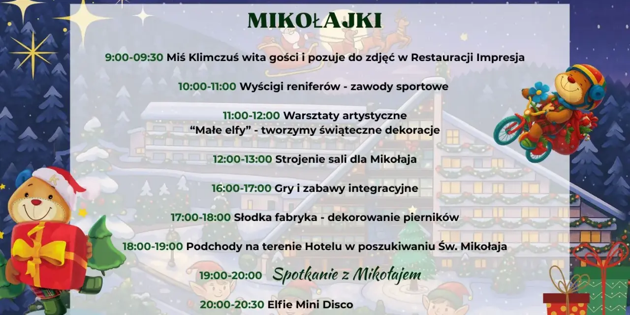 Harmonogram mikołajek w hotelu: od powitania przez Miś Klimczusia, warsztaty, po spotkanie ze Świętym Mikołajem i Elfie Mini Disco.