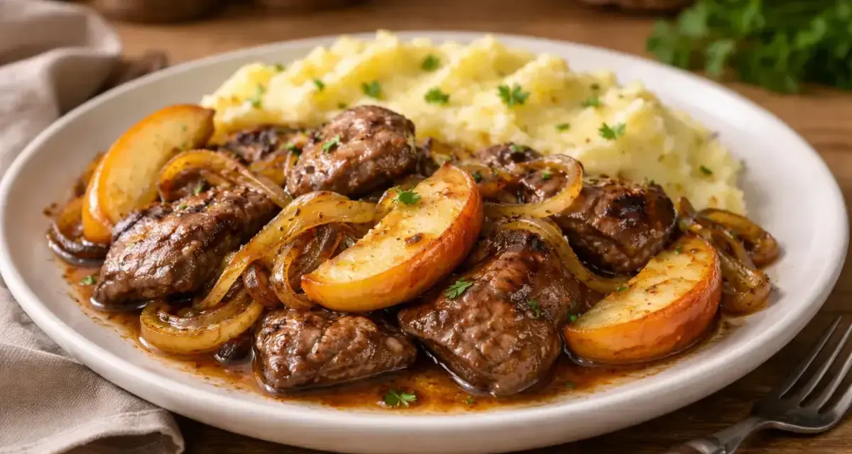 Pyszna wątróbka z jabłkiem i cebulką, podana z purée ziemniaczanym.