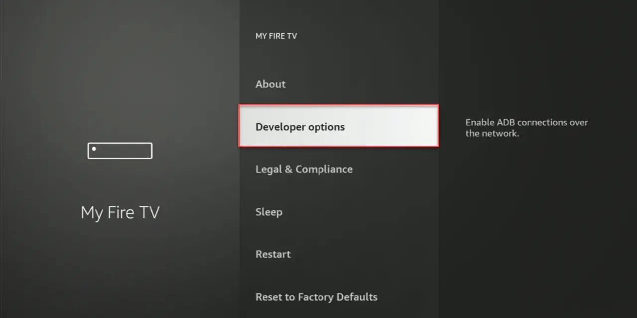 Fire TV Stick Menü mit hervorgehobenen "Developer options" und Text "Enable ADB connections over the network.