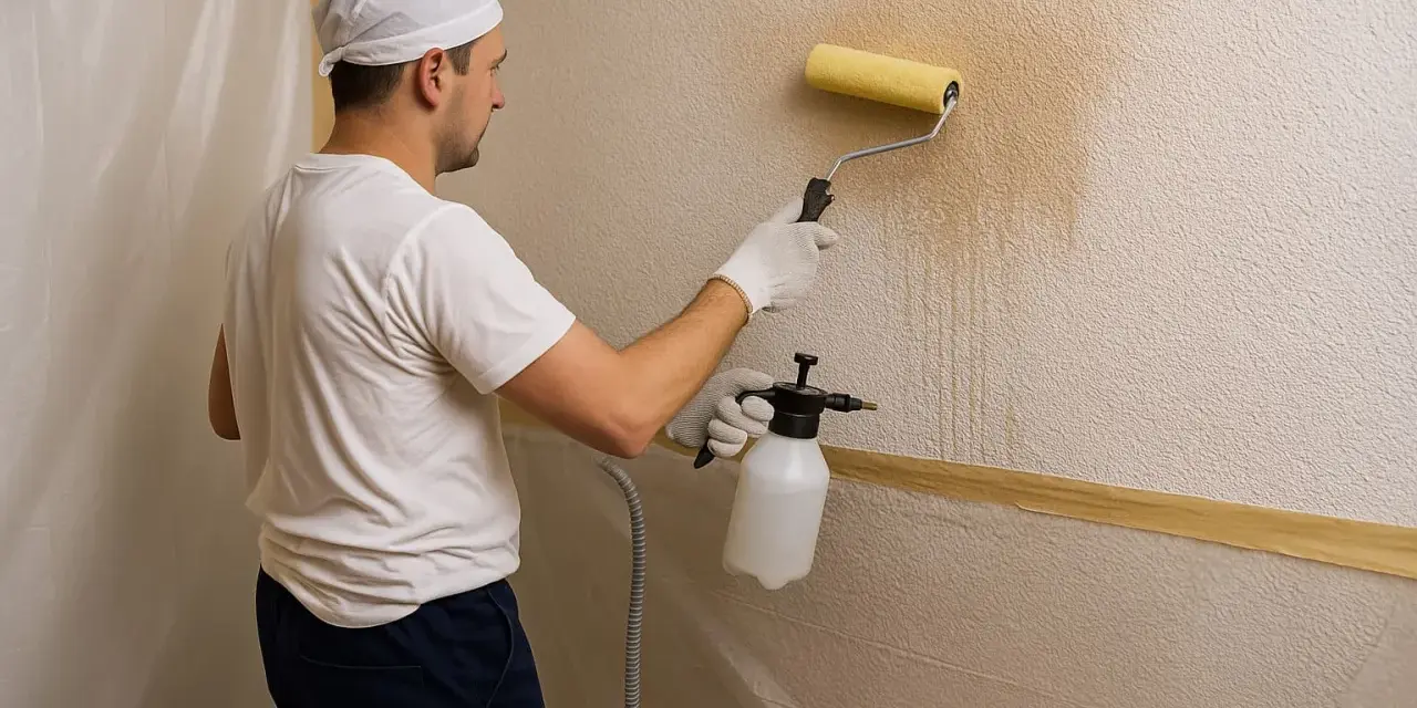 Hombre aplicando pintura con rodillo a una pared con textura, creando un efecto de gotele rayado.