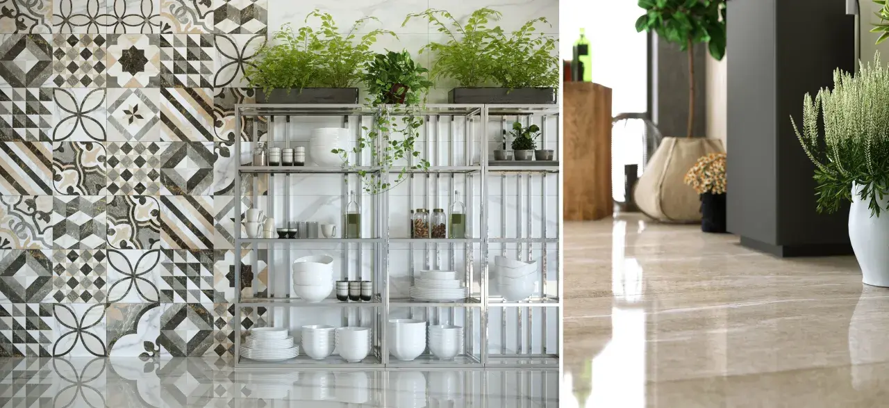 Un angolo cucina con piastrelle geometriche e piante verdi crea un'atmosfera **stile jungle chic**. Scaffali metallici espongono stoviglie bianche e barattoli.