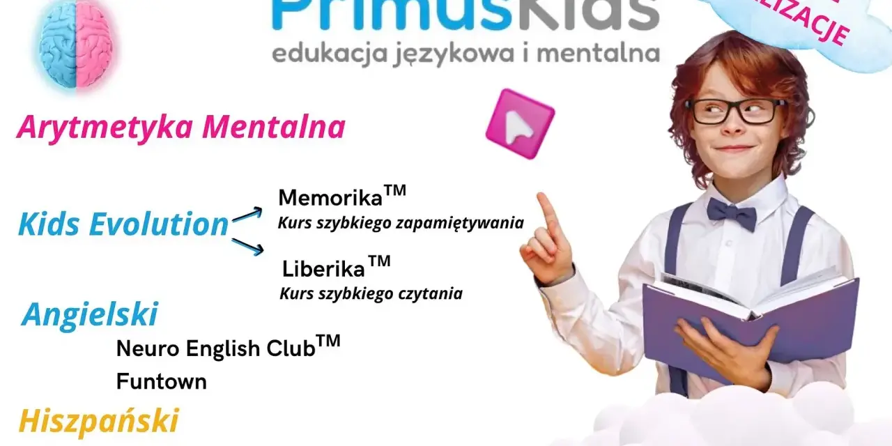 Chłopiec z książką, logo PrimusKids, kursy językowe i arytmetyka mentalna. Sprawdź lokalizacje!