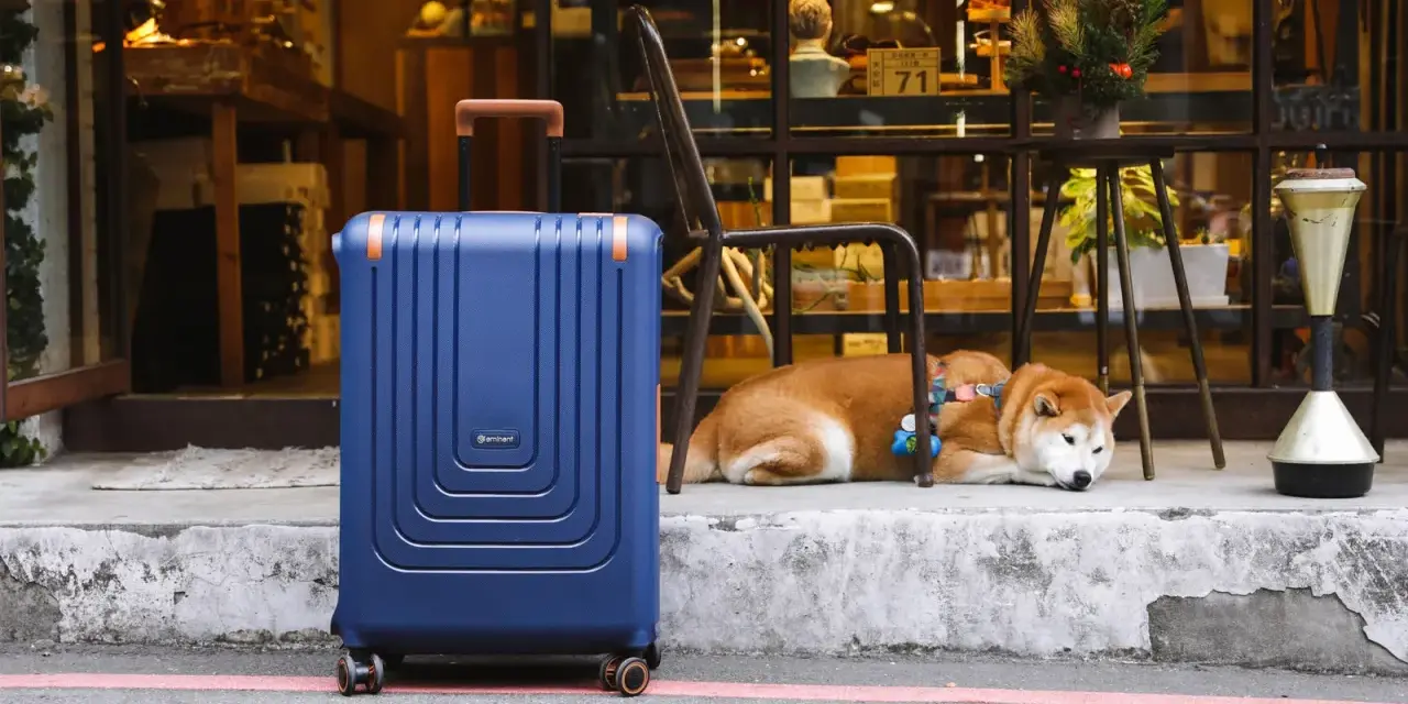 En blå resväska står redo för en resa utomlands. En söt shiba inu vilar bredvid, som om den också väntar på att packa sin packlista utomlands.