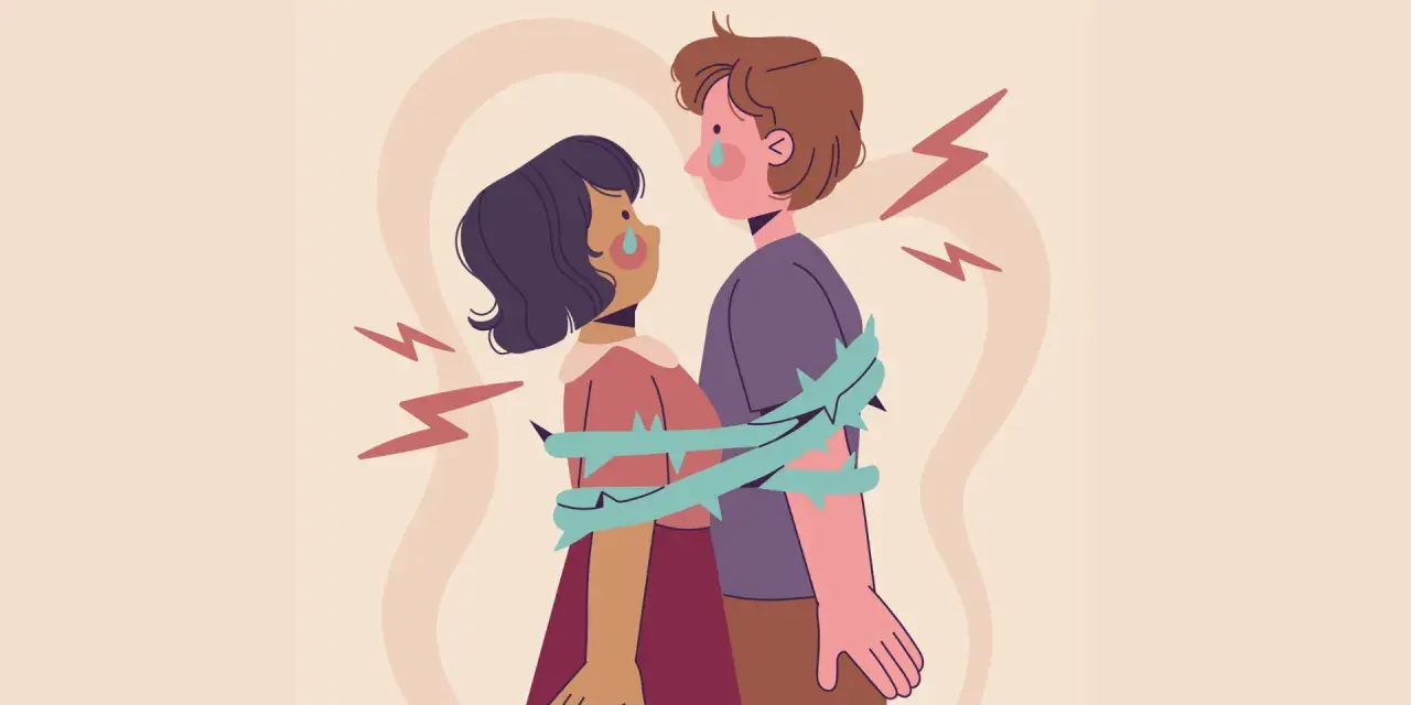 Coppia abbracciata, circondata da spine. Lacrime sui volti, fulmini intorno. Un'immagine che evoca l'ossessione in amore, un legame doloroso.