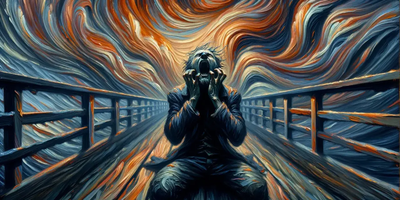 Un homme hurle, mains sur les oreilles, sur un pont. Le ciel tourbillonnant et les couleurs vives accentuent le **tableau la peur** de cette scène.