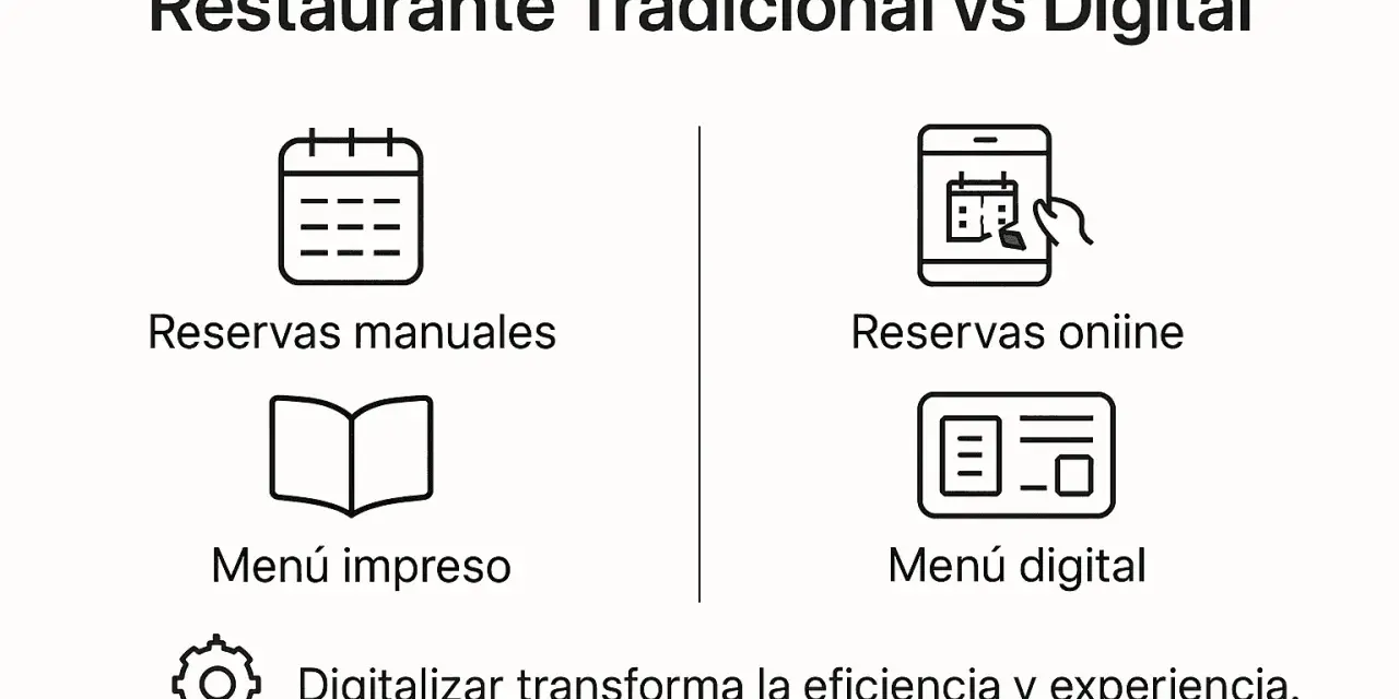 Comparativa de restaurante tradicional vs. digital: reservas manuales/online, menú impreso/digital. La digitalización transforma la experiencia.