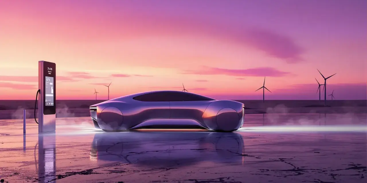 Futurystyczna Tesla przy ładowarce na tle zachodu słońca. Zastanawiasz się, ile kosztuje ładowanie Tesli w domu?