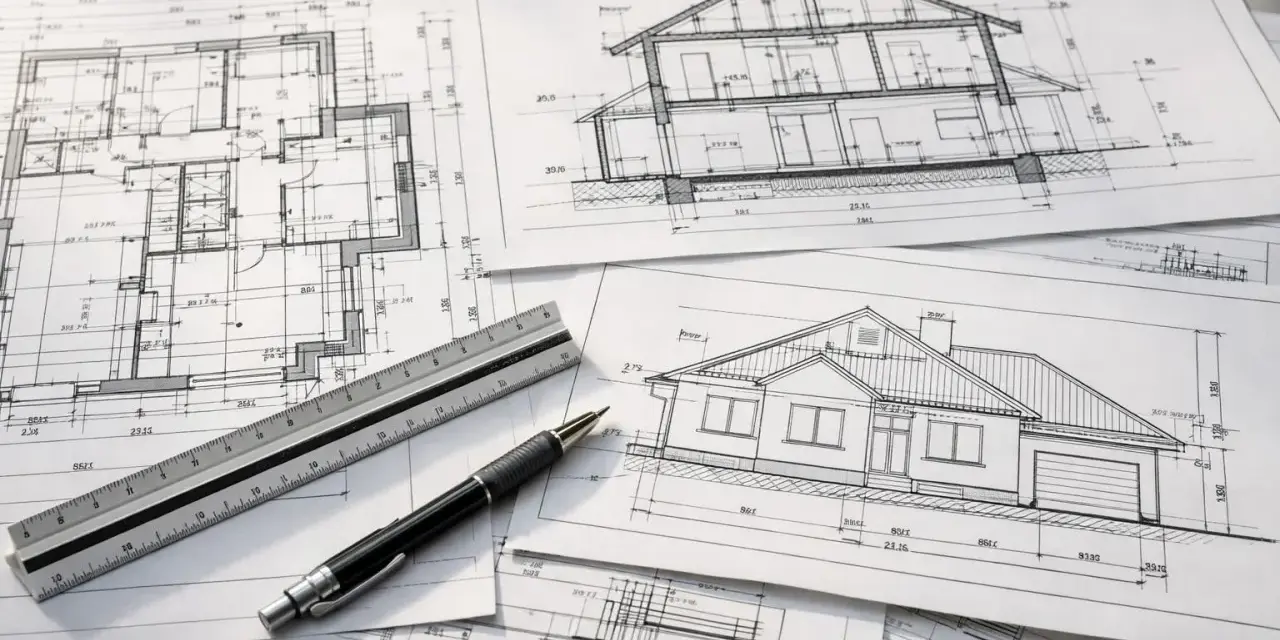 Na stole leżą rysunki techniczne domu, w tym przekrój i elewacja. Obok leży linijka i długopis, niezbędne do pracy nad projektem wykonawczym.