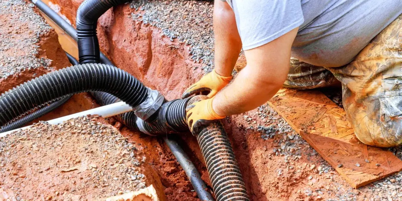 Instalator łączy rury odprowadzające wodę do budowanej studni chłonnej.