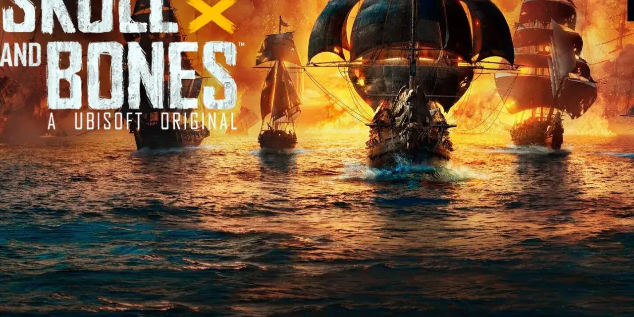 Flota de barcos piratas navega en aguas turbulentas bajo un cielo ardiente. El logo "Skull and Bones" destaca en la imagen.