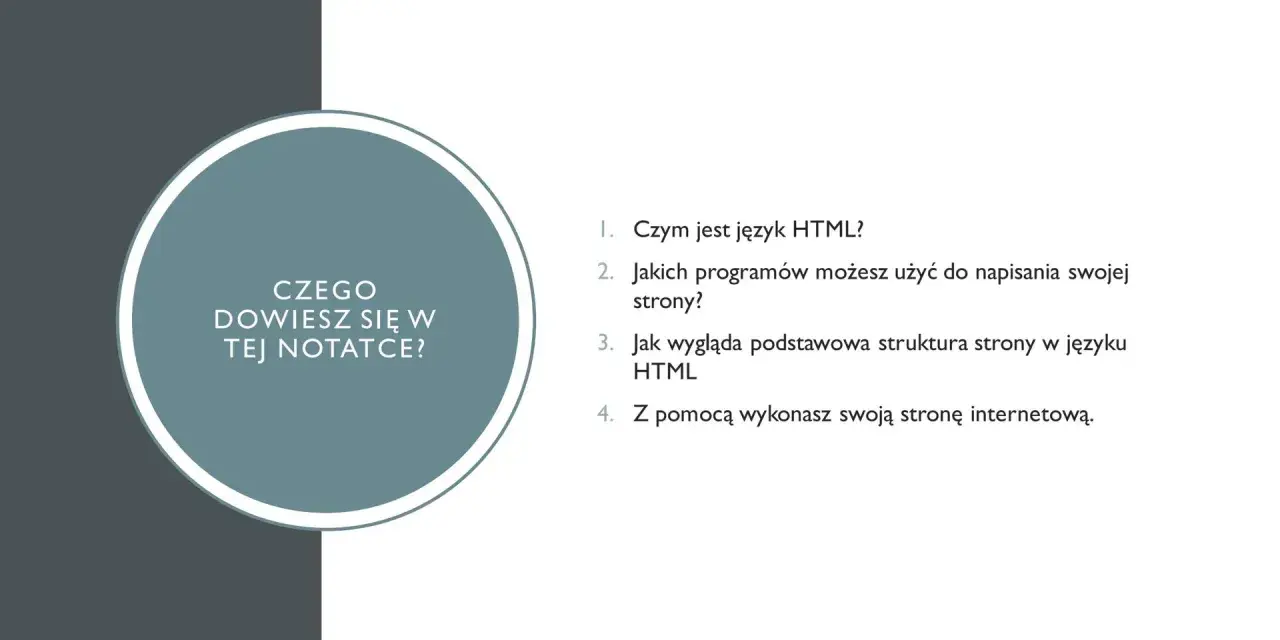 Grafika z pytaniem "Czego dowiesz się w tej notatce?" i listą pytań o HTML.