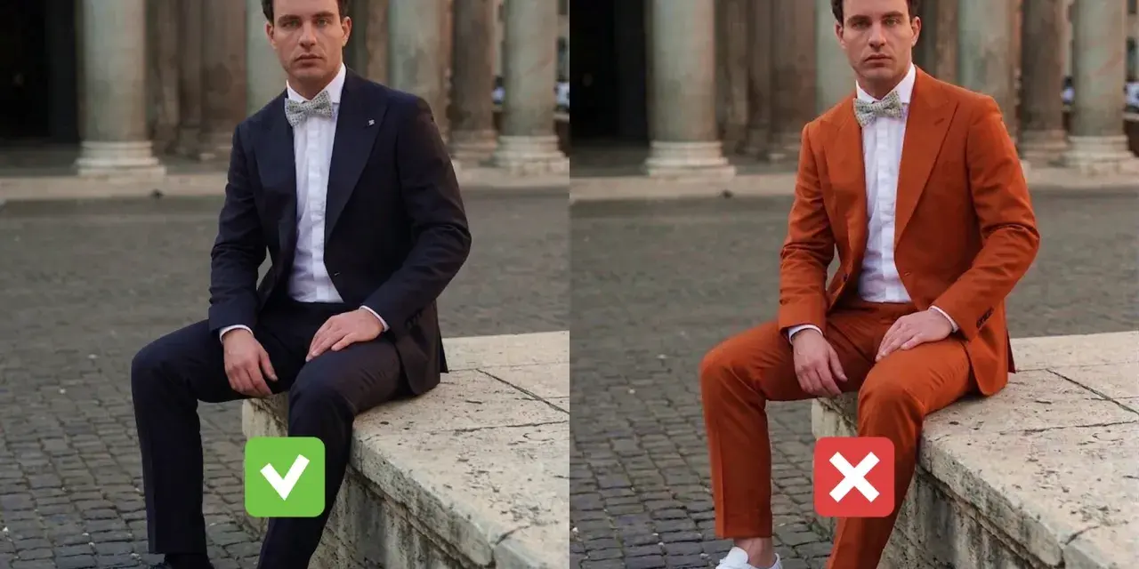 Uomo in abito blu con papillon, approvato per un matrimonio casual. Accanto, lo stesso abito arancione con sneakers, bocciato.