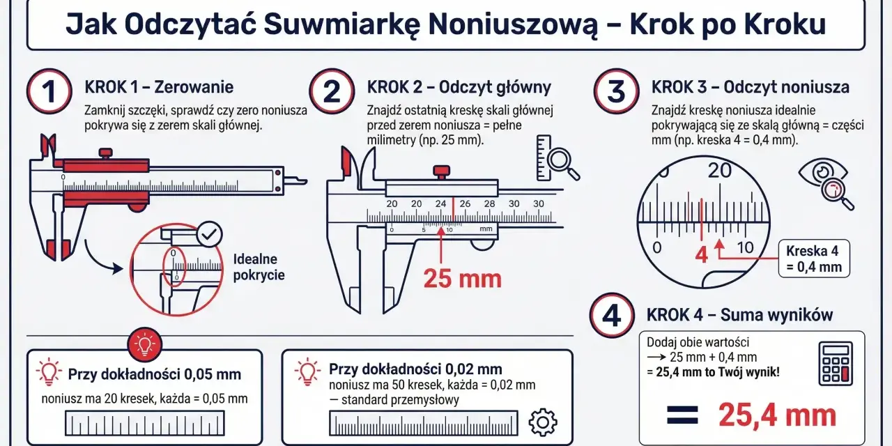 Instrukcja jak mierzyć suwmiarką 0,02 mm. Pokazuje kroki od zerowania, odczytu głównego, odczytu noniusza, aż do sumowania wyników.