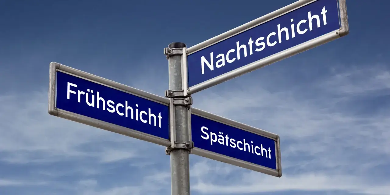 Wegweiser mit "Frühschicht", "Nachtschicht" und "Spätschicht". Nach 5 Tagen Nachtschicht fragt man sich: Wie viel Tage frei?