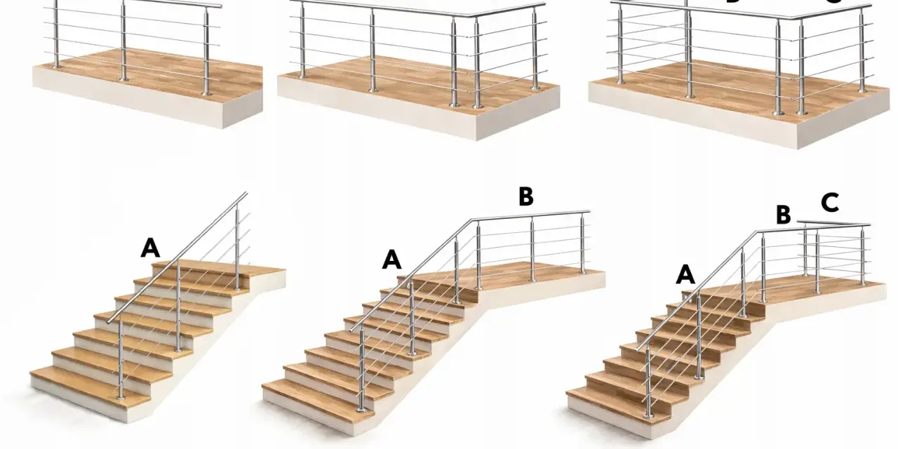 Przykłady montażu balustrady ze stali nierdzewnej na tarasie i schodach. Różne konfiguracje oznaczone literami A, B, C.