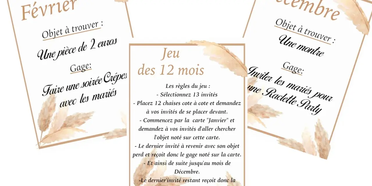 Cartes pour un jeu des 12 mois : Février (trouver 2€, gage : soirée crêpes), Décembre (trouver une montre, gage : raclette party) et règles du jeu.