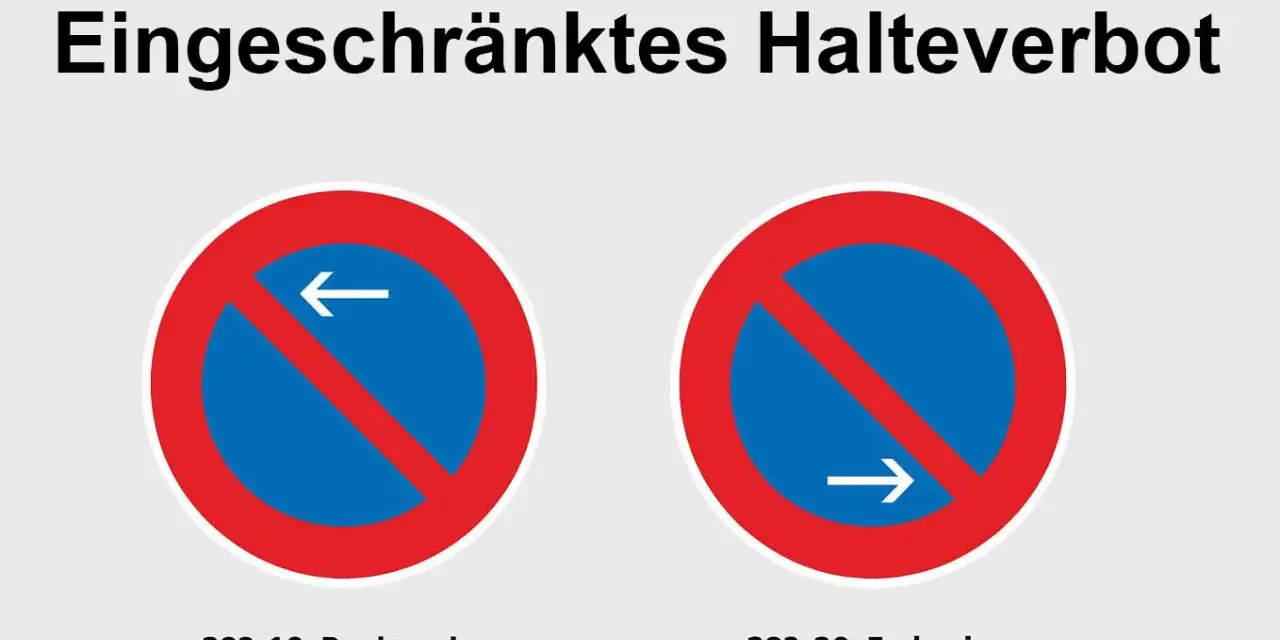 Zwei Verkehrszeichen: Beginn eines eingeschränkten Halteverbots (links, Pfeil nach links) und Ende eines eingeschränkten Halteverbots (rechts, Pfeil nach rechts).