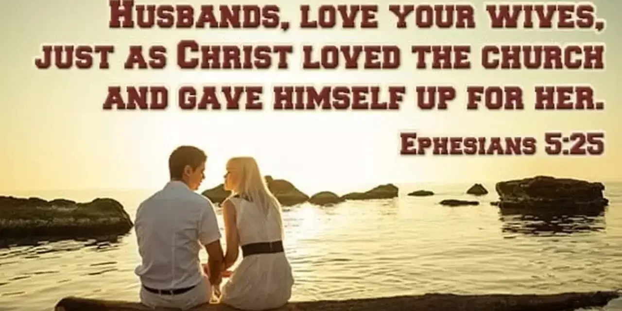 A couple sits by the sea, embodying the biblical definition of love as husbands love their wives as Christ loved the church. Ephesians 5:25.