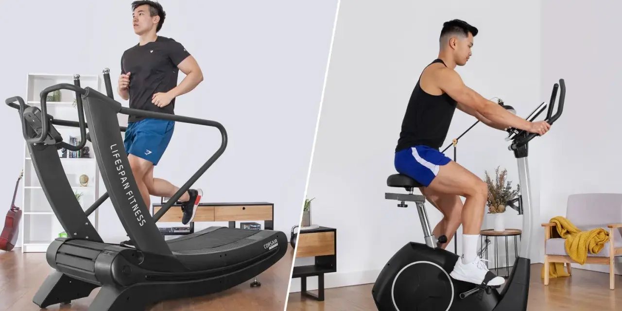 Man running on a treadmill vs. man cycling on a stationary bike. A split image showcasing two popular cardio workouts.
