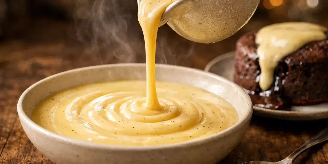 Une sauce crémeuse et fumante, une crème anglaise, est versée dans un bol. Un petit gâteau au chocolat dégouline de cette sauce.