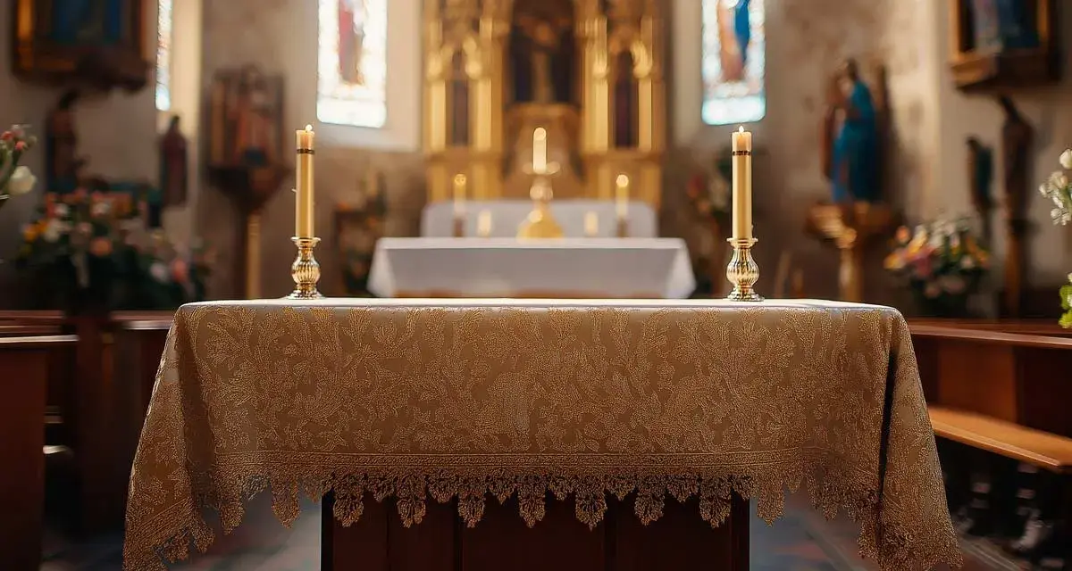 La tovaglia dell'altare, detta anche paliotto, è riccamente decorata con un motivo floreale dorato e un bordo in pizzo. Due candele dorate illuminano l'altare.
