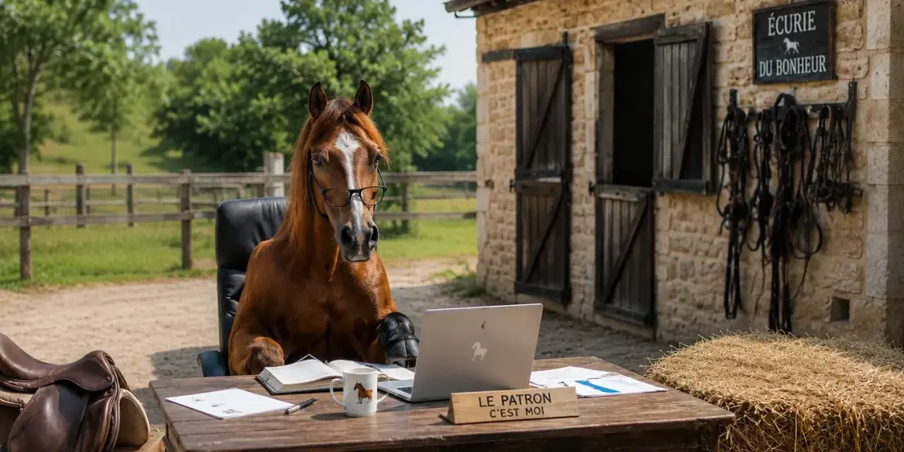 Un cheval brun avec des lunettes est assis à un bureau devant un ordinateur portable, à côté d'une écurie.