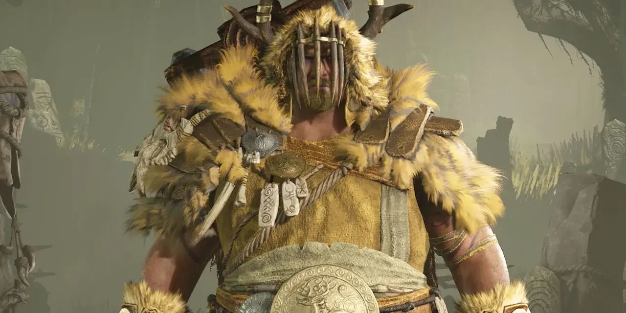 Un imponente druida de Diablo 4, con armadura de pieles y cuernos, listo para la batalla.